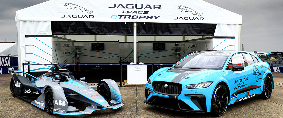 Formula E Gen2 car and Jaguar iPace eTrophy car.